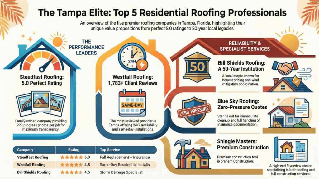 Top 5 Best Roofers in Tampa, FL for best roofers in Tampa FL and roofers near me in Tampa. Steadfast Roofing 5.0 perfect, (813) 726-4590, roof replacement, insurance handling, free wind mitigation, 228 progress photos. Westfall Roofing 4.8 (1,783), (813) 291-0693, residential replacement, gutters, 24/7, same day installs. Bill Shields Roofing Co. 4.5 (133), (813) 839-7706, residential, storm damage, 50 plus years Tampa. Blue Sky Roofing 4.9 (234), (727) 205-4413, Largo Pinellas, zero pressure quotes, immaculate cleanup, wind mitigation. Shingle Masters Roofing & Construction 4.9 (581), (813) 677-7663, Riverview Tampa, roofing and construction.
